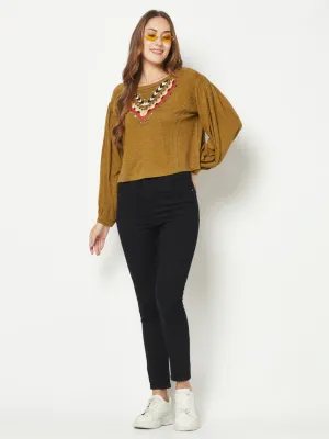 Olive Embroidered Balloon Sleeve Top