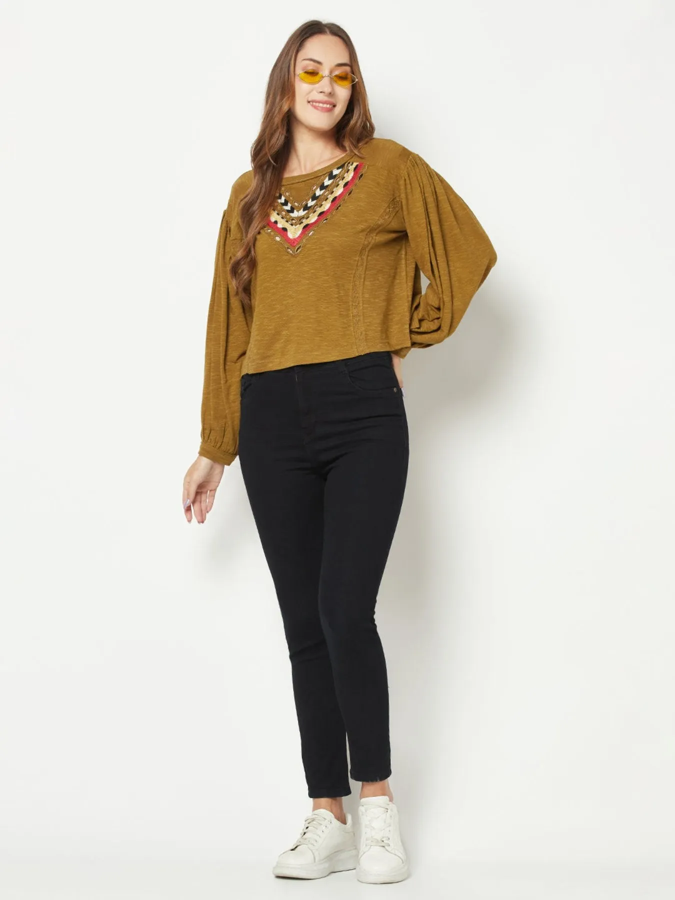 Olive Embroidered Balloon Sleeve Top
